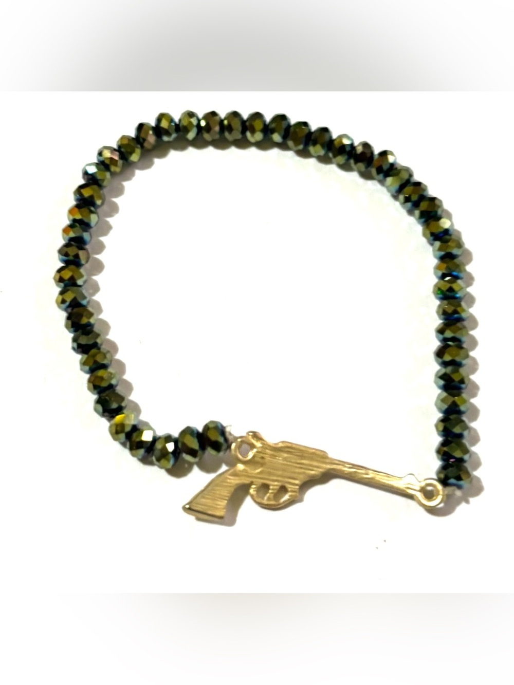 Gold Gun Charm Olive Green Beaded Bracelet